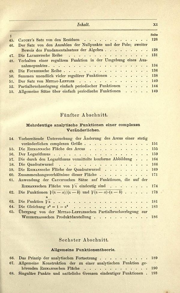 Third page of table of contents of Einfuhrung in die Theorie der analytischen Functionen by Heinrich Burkhardt