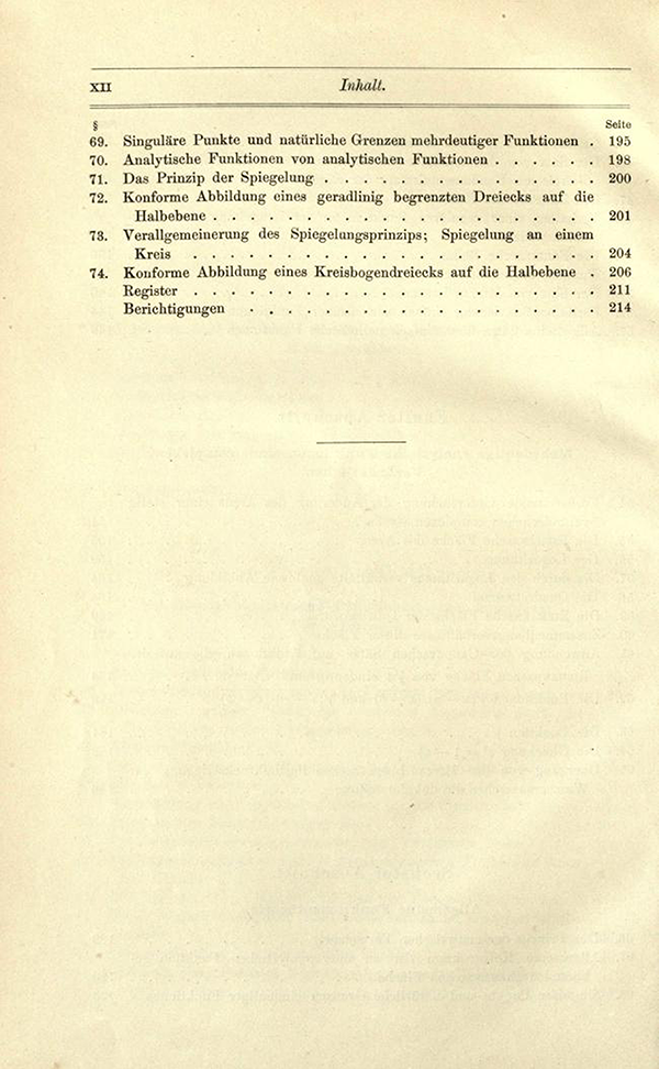 Fourth page of table of contents of Einfuhrung in die Theorie der analytischen Functionen by Heinrich Burkhardt