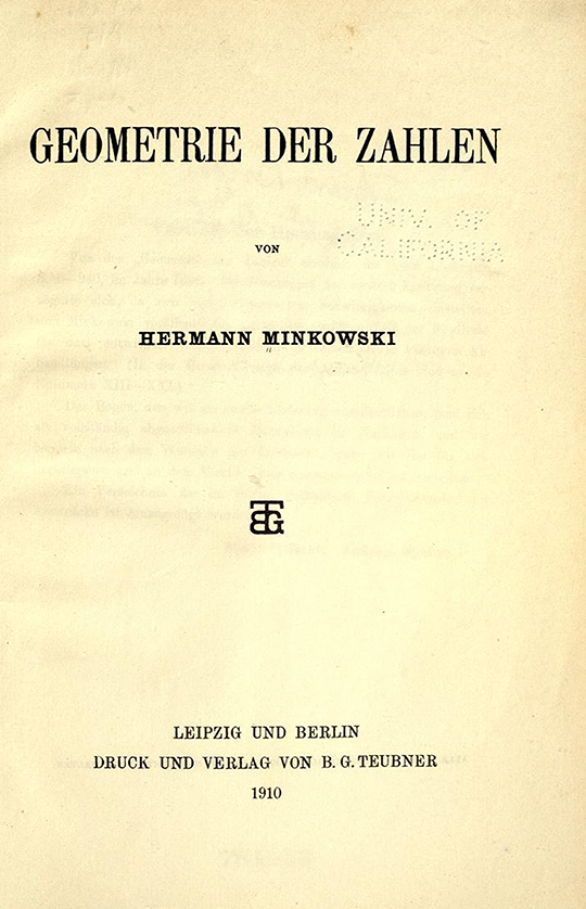 Title page of Geometrie der Zahlen by Herman Minkowski, 1910