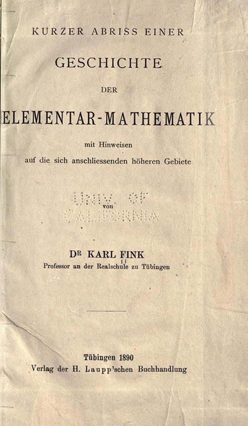 Title page of Karl Fink's 1890 Kurzer Abriss einer Geschichte der Elementar-Mathematik