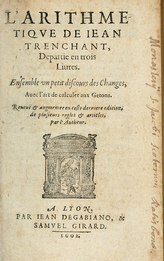 Title page of L'Arithmetique by Jean Trenchant, 1602
