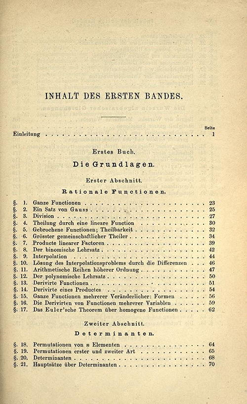 First page of the table of contents for the first volume of Lehrbuch der Algebra