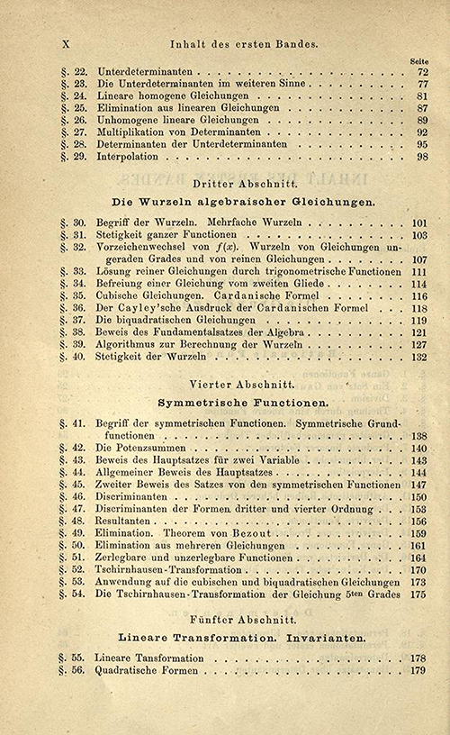 Second page of the table of contents for the first volume of Lehrbuch der Algebra