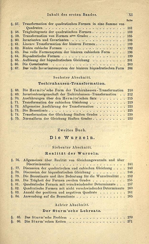 Third page of the table of contents for the first volume of Lehrbuch der Algebra
