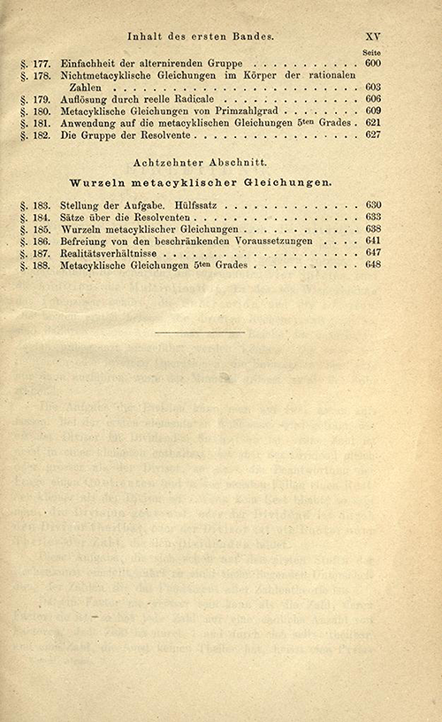 Seventh page of the table of contents for the first volume of Lehrbuch der Algebra