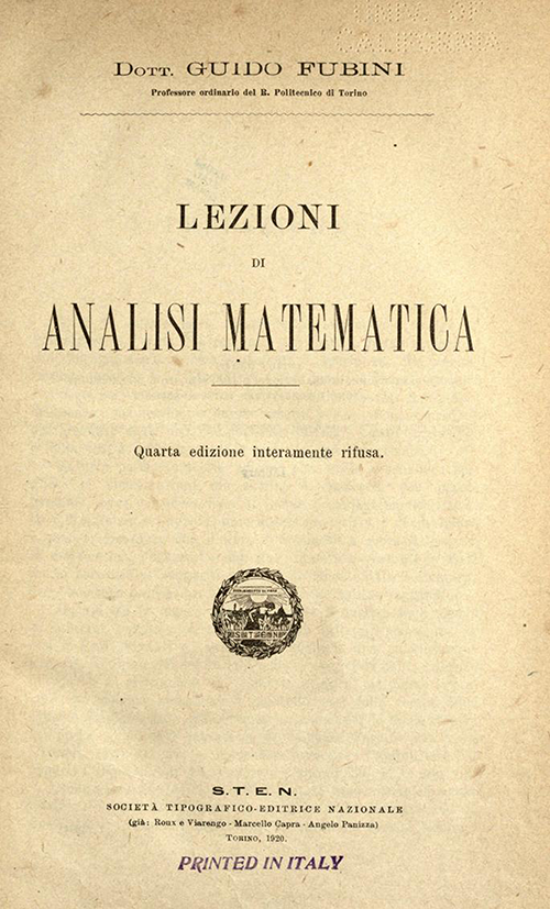 Title page of Lezioni di analisi matematica, fourth edition, 1920