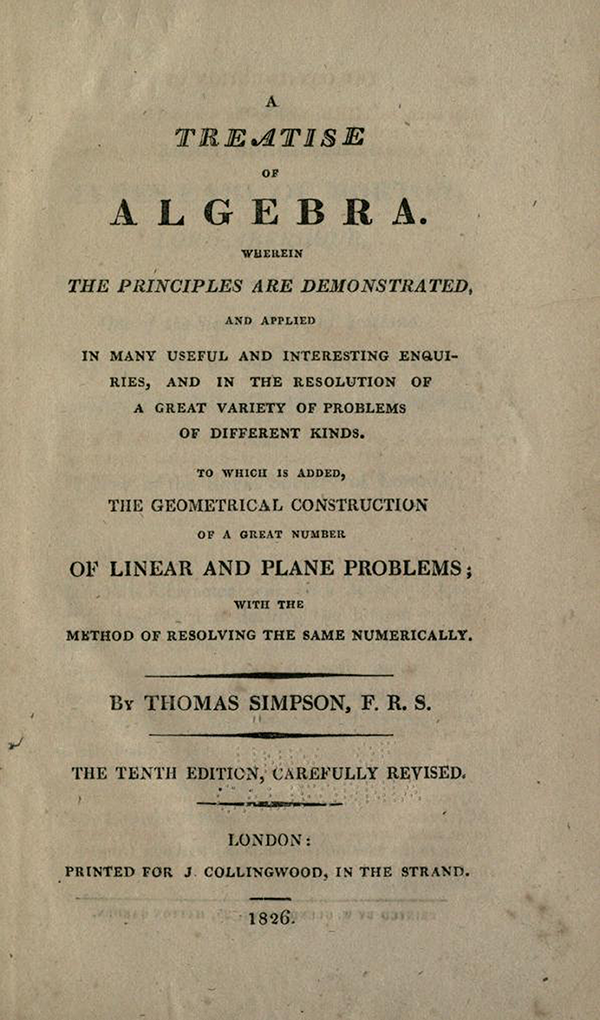 Title page of A Treatise of Algebra, tenth edition, 1826, by Thomas Simpson