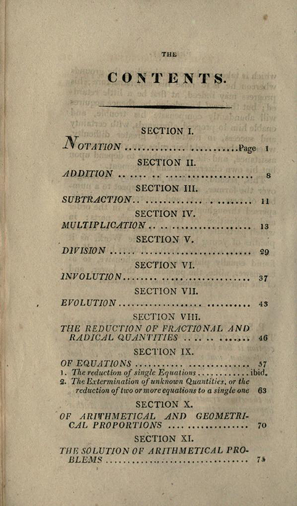First page of table of contents of A Treatise of Algebra, tenth edition, 1826, by Thomas Simpson