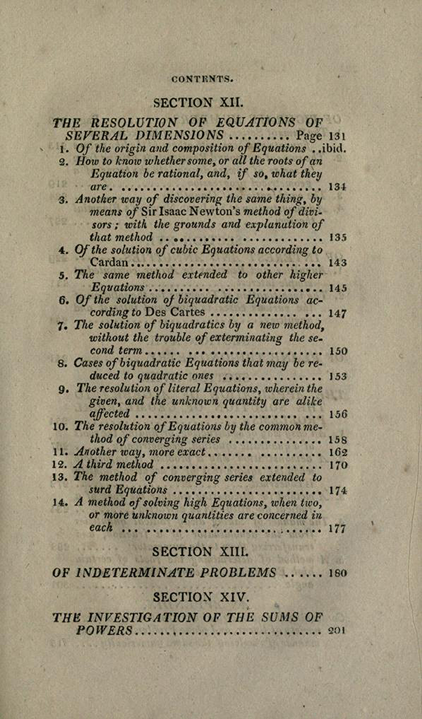 Second page of table of contents of A Treatise of Algebra, tenth edition, 1826, by Thomas Simpson