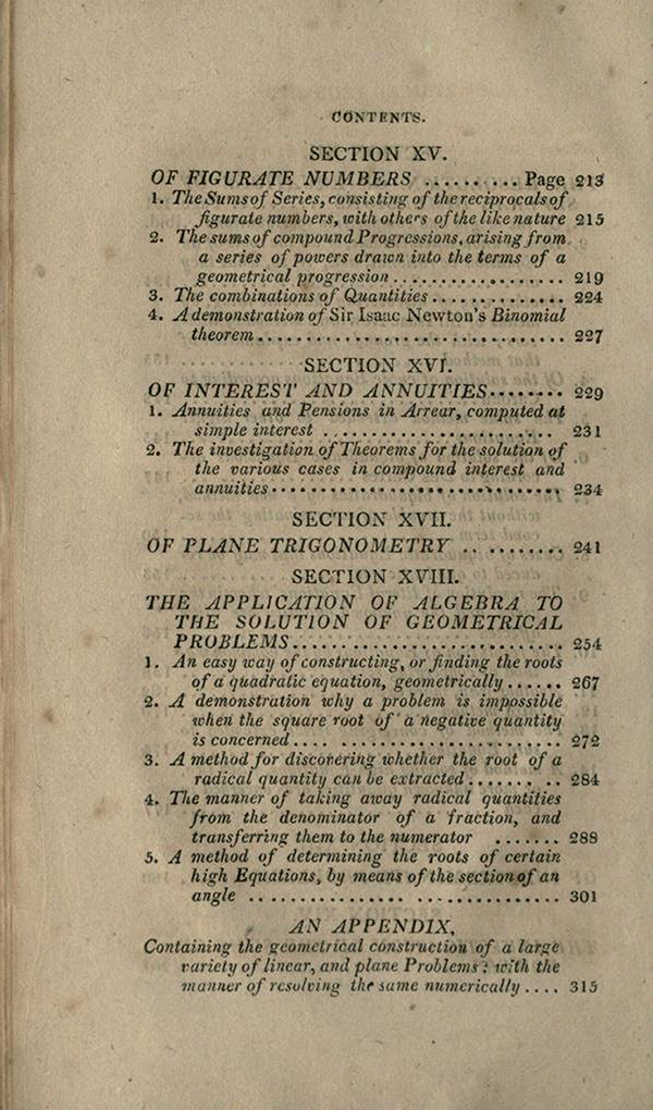 Third page of table of contents of A Treatise of Algebra, tenth edition, 1826, by Thomas Simpson
