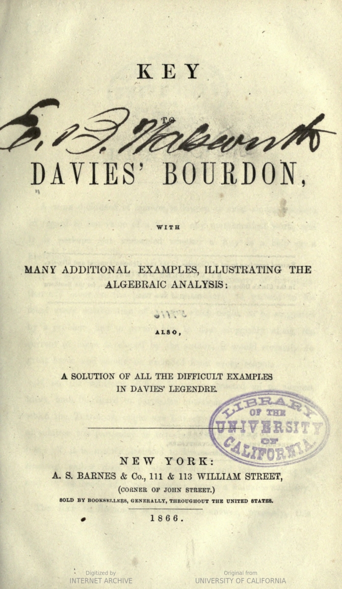 Title page from an 1866 printing of Charles Davies's Key to Bourdon's Algebra.
