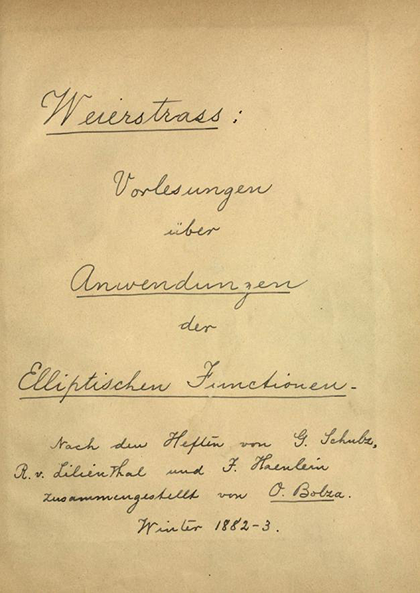 Title page of Axel Harnack's notes on lectures on elliptic functions by Weierstrass, 1887