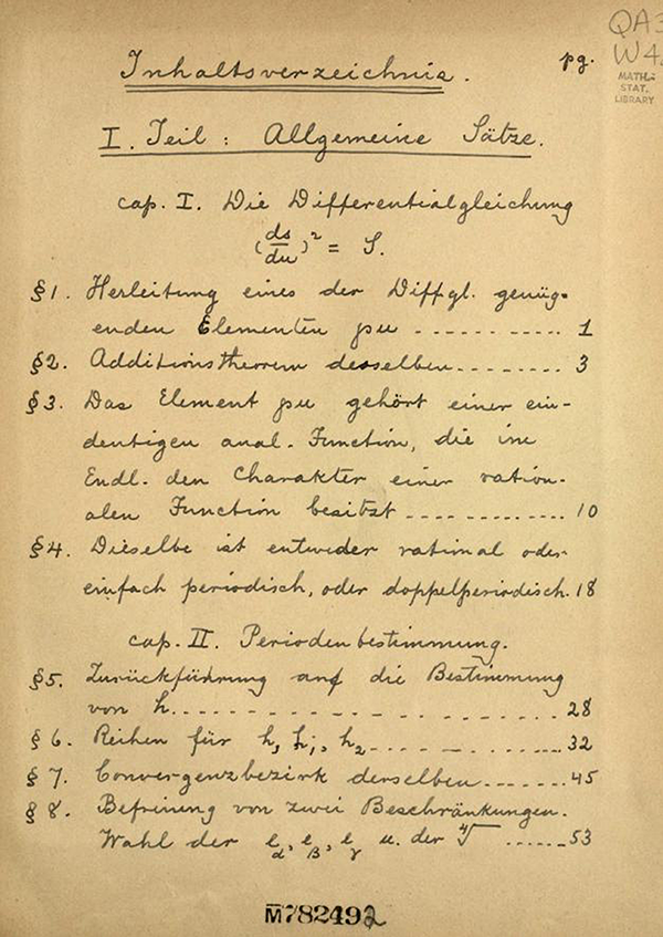 Title page of First page of table of contents from Axel Harnack's notes on lectures on elliptic functions by Weierstrass, 1887