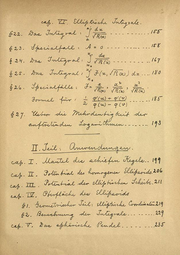 Third page of table of contents from Axel Harnack's notes on lectures on elliptic functions by Weierstrass, 1887