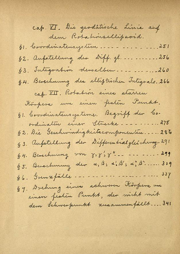 Fourth page of table of contents from Axel Harnack's notes on lectures on elliptic functions by Weierstrass, 1887