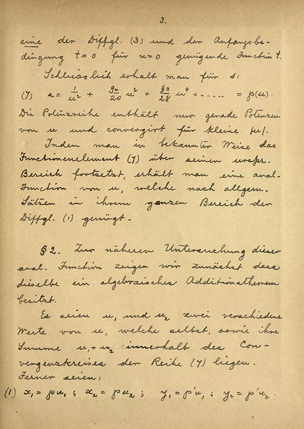 Page 3 from Axel Harnack's notes on lectures on elliptic functions by Weierstrass, 1887