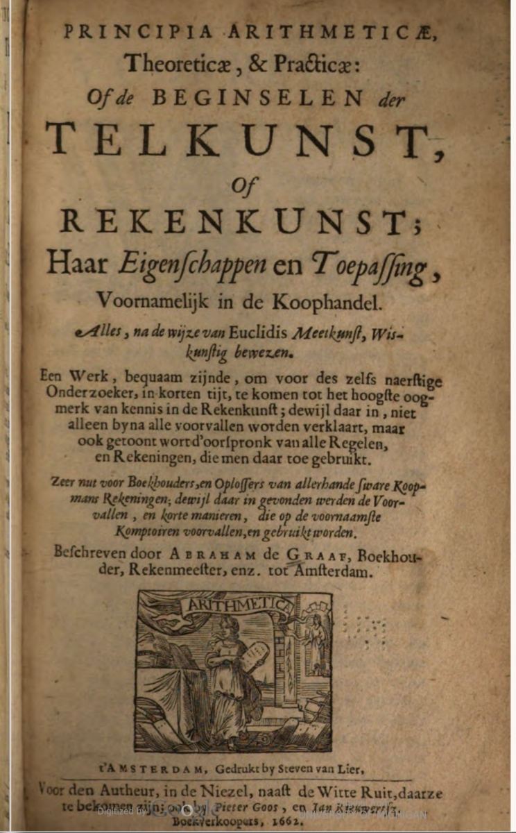 Title page of Abraham de Graaf's 1662 Principia arithmeticae, theoreticae, & practicae.