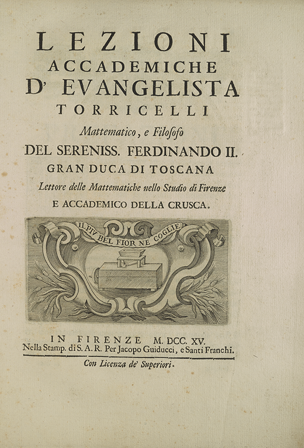 Title page for Torricelli's Academic Lectures (published in 1715).