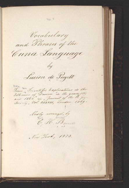Title page of notes on the Cuna language made by Lucien de Puydt.