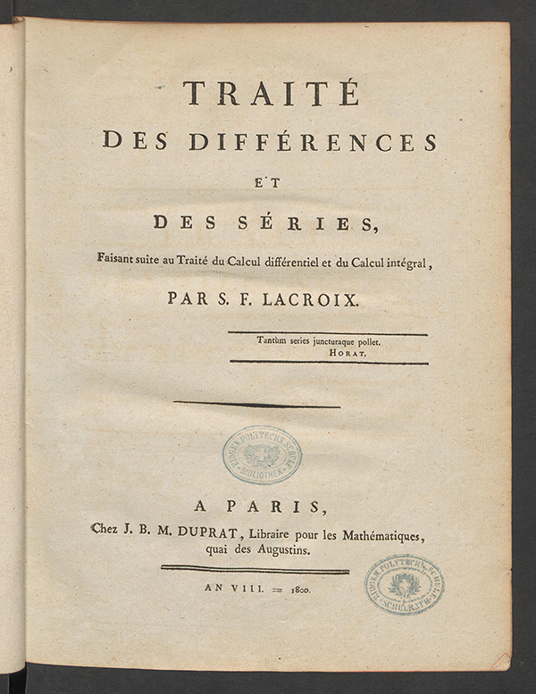 Title page of Traité des Différences et des Séries by Sylvestre Lacroix, 1800