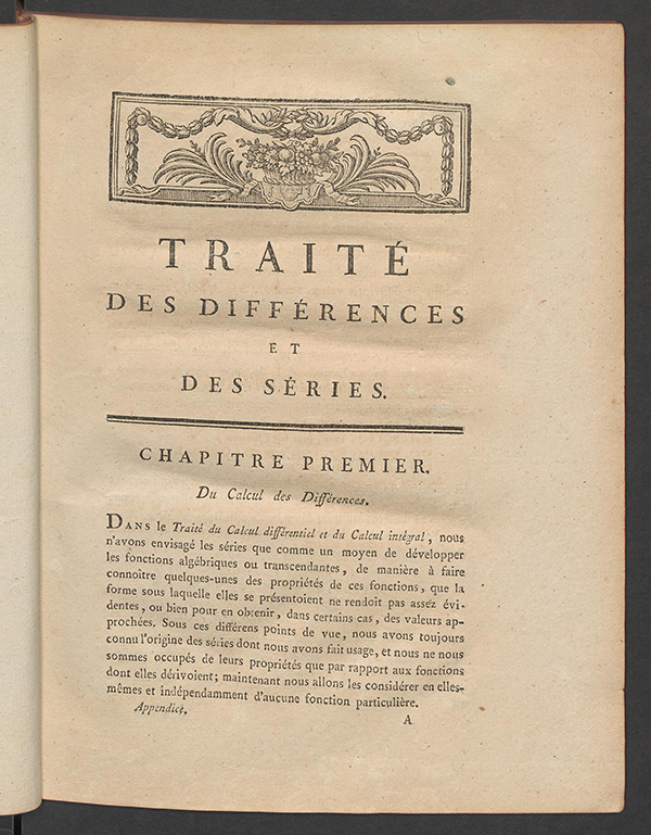 Page 1 of Traité des Différences et des Séries by Sylvestre Lacroix, 1800