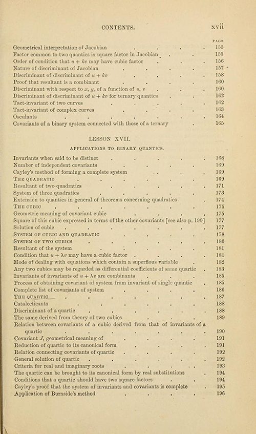Fifth page of the table of contents from Lessons Introductory to the Modern Higher Algebra by George Salmon, third edition, 1876