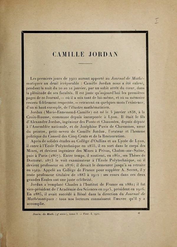Obituary of Camille Jordan from Volume 1, Series 9 of Journal de Mathématiques Pures et Appliquées, 1922