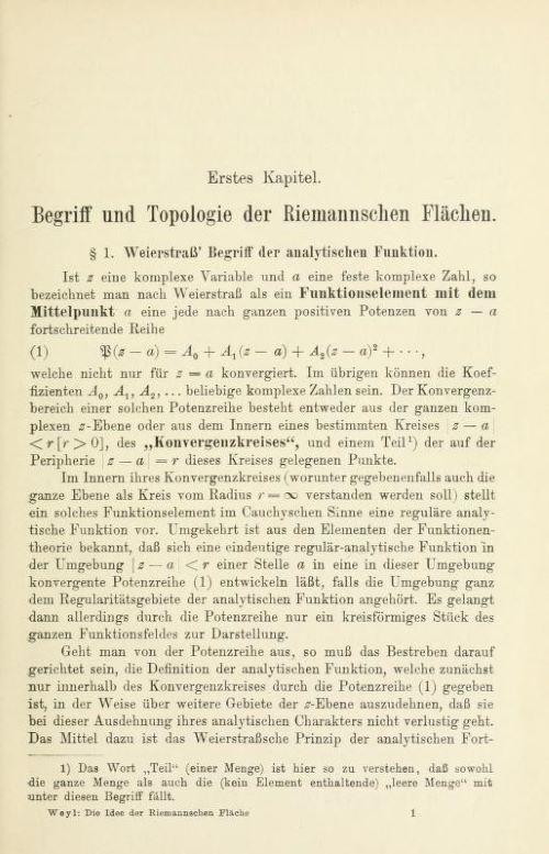 First page of Die Idee der Riemannschen Flache by Hermann Weyl, 1913