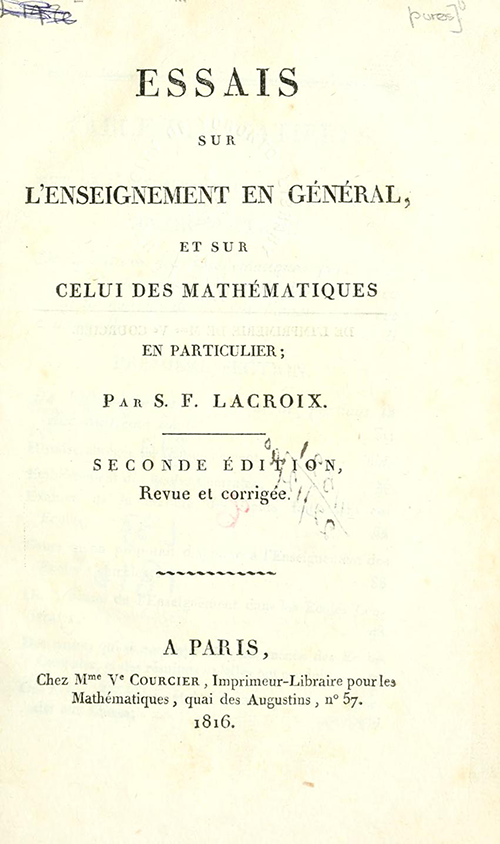 Title page of Essais sur L’Enseignement en Général by Sylvestre Lacroix, second edition, 1816