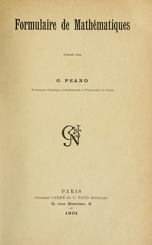 Title page of Formulaire de Mathématiques by Giuseppe Peano, 1901