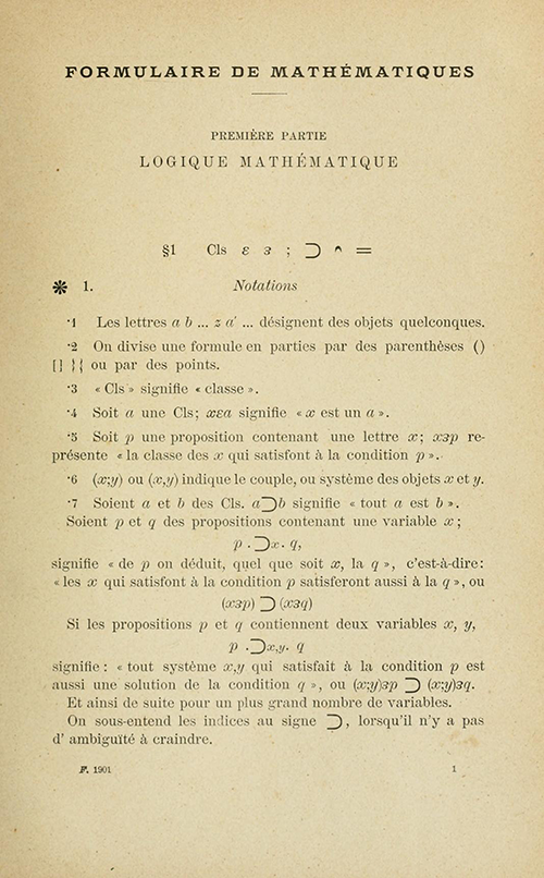 Page 1 of Formulaire de Mathématiques by Giuseppe Peano, 1901