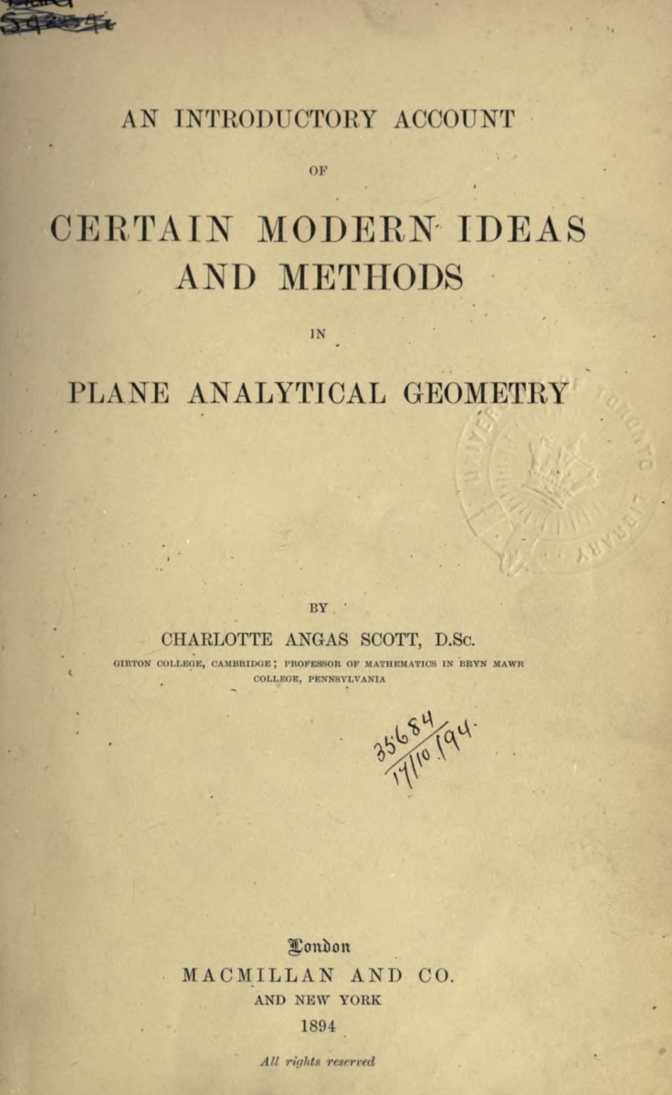 Title page of Charlotte Scott's 1884 An Introductory Account of Certain Modern Ideas And Concepts of Plane Analytic Geometry.