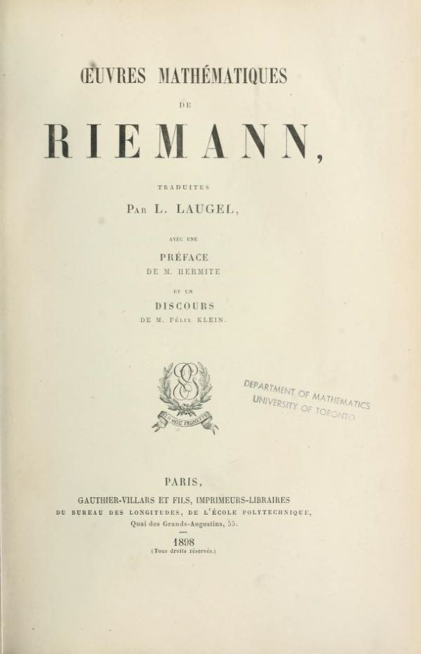 Title page of Oeuvres mathématiques de Riemann, 1898
