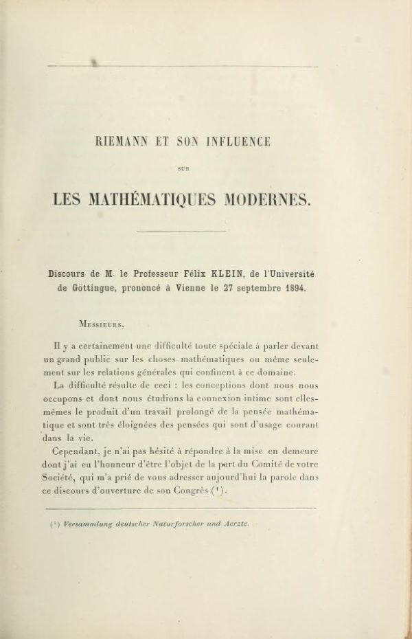 First page of forward by Felix Klein, in Oeuvres mathématiques de Riemann, 1898