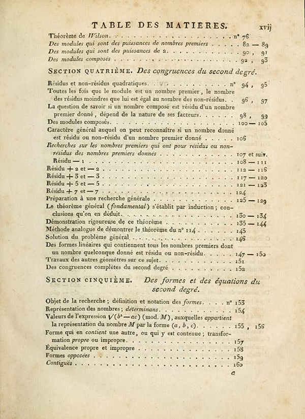 Second page of table of contents of Recherches Arithmétiques by Carl Friedrich Gauss, 1807