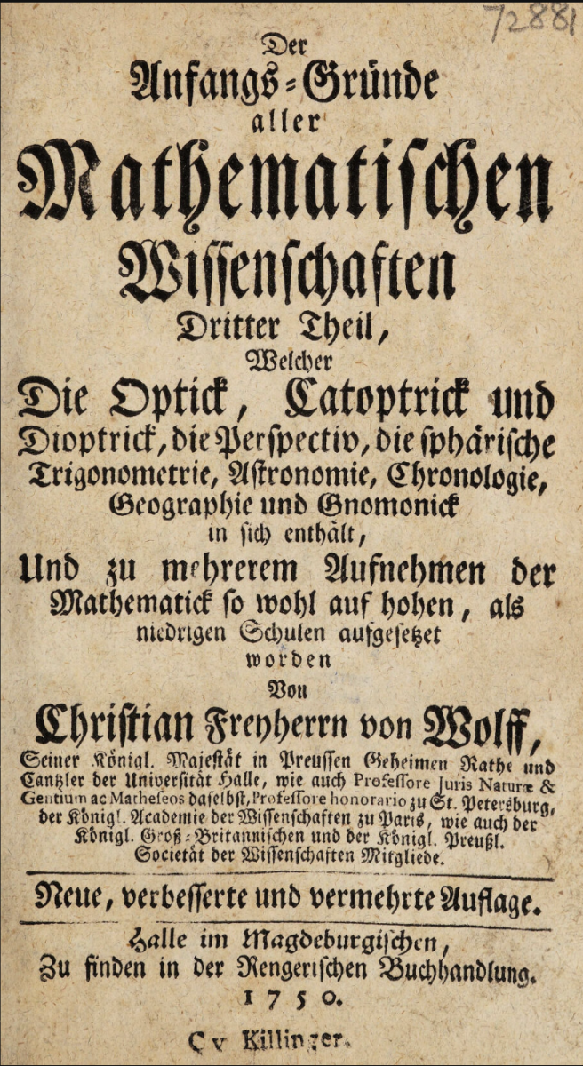 Title page from 1750 printing of Christian Wolff's Der Anfangs-Gründe aller mathematischen Wissenschaften.